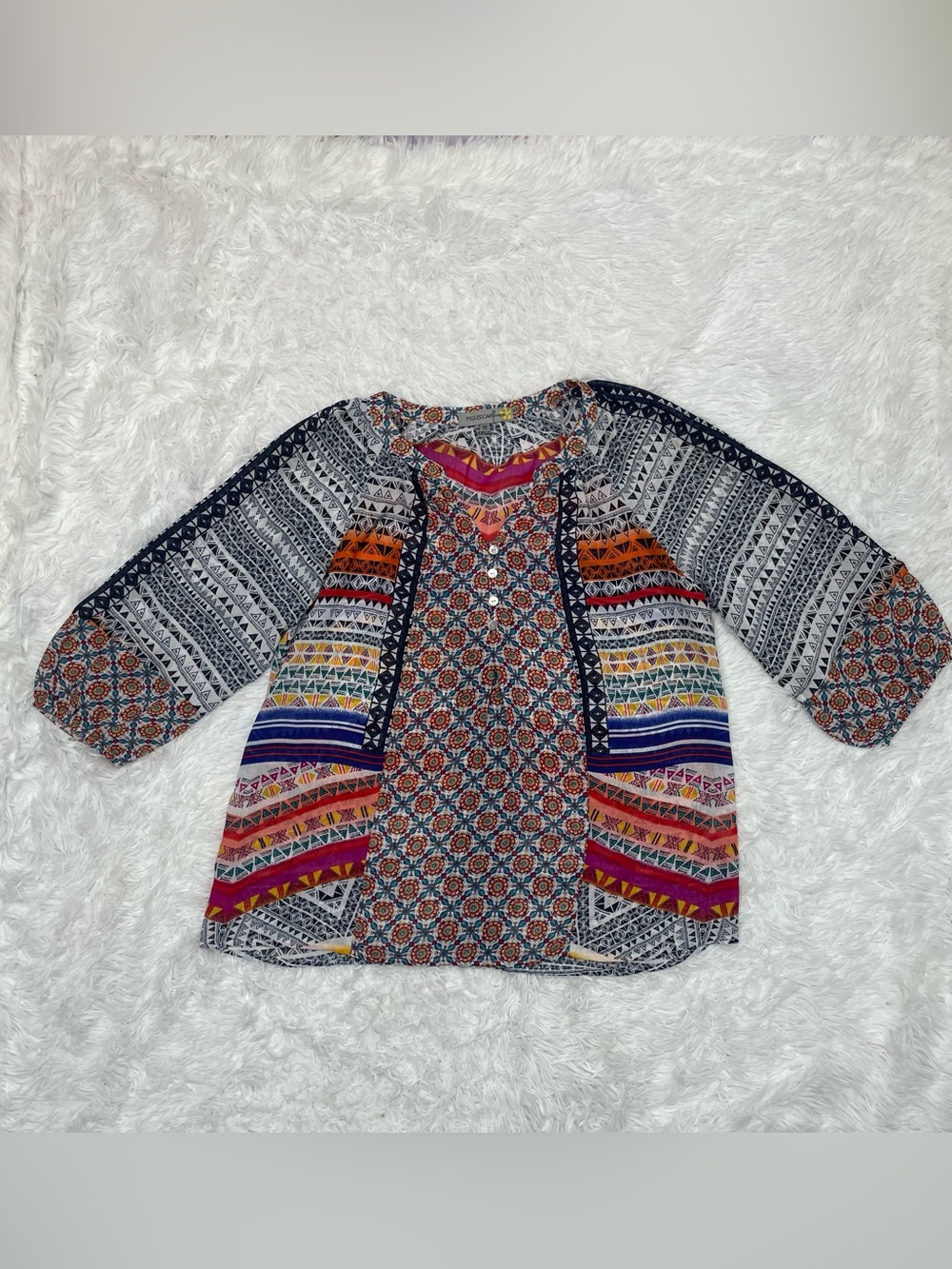Figueroa & Flower Women’s Size M Medium Aztec Boho Blouse Henley Loose Fit Shirt